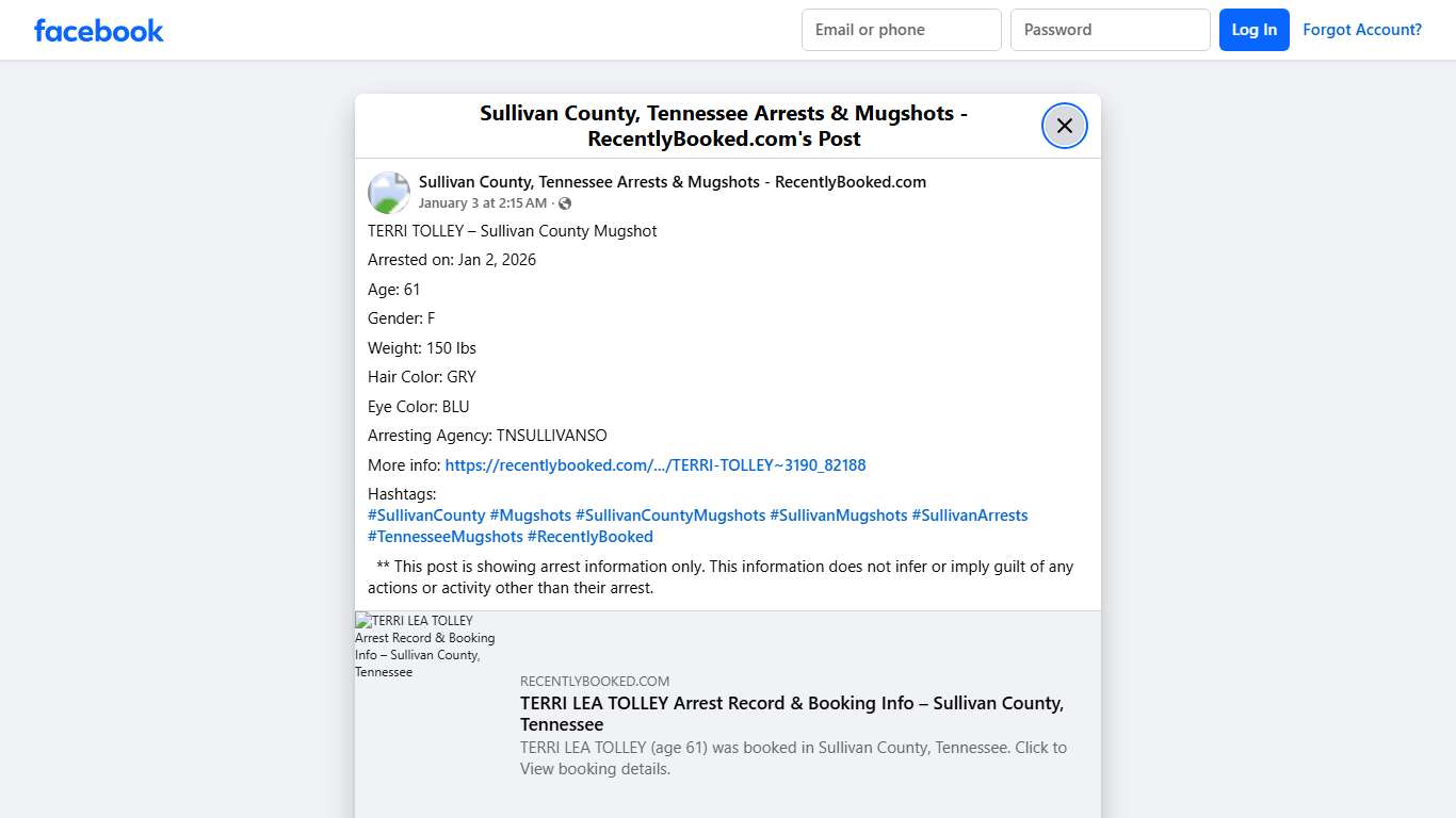 TERRI TOLLEY – Sullivan County Mugshot Arrested on: Jan 2, 2026 Age: 61 Gender: F Weight: 150 lbs Hair Color: GRY Eye Color: BLU Arresting Agency: TNSULLIVANSO More info: https://recentlybooked.com/TN/Sullivan/TERRI-TOLLEY~3190_82188 Hashtags: #SullivanCounty #Mugshots #SullivanCountyMugshots #SullivanMugshots #SullivanArrests #TennesseeMugshots #RecentlyBooked ** This post is showing arrest information only. This information does not infer or imply guilt of any actions or activity other than...